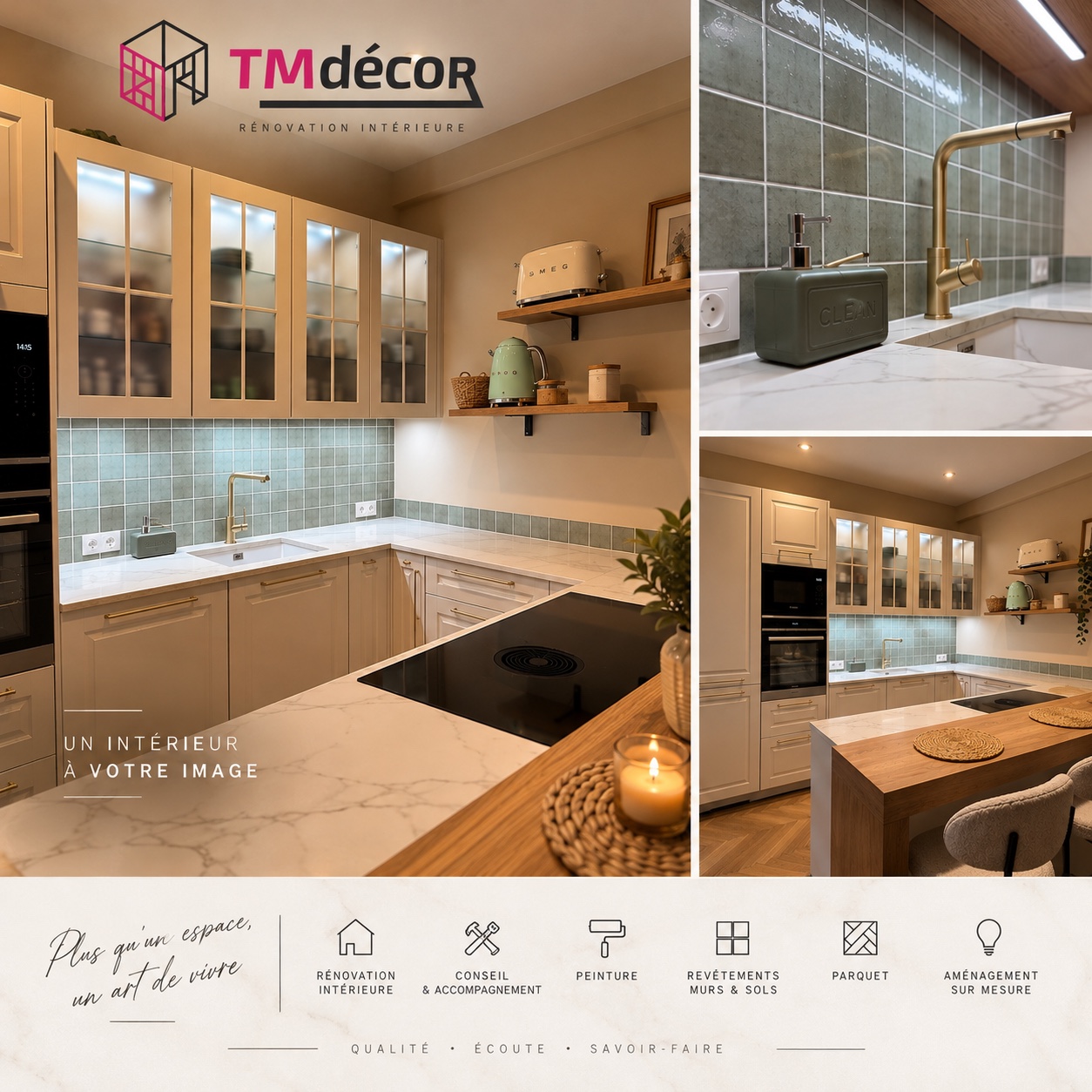 Cuisine rénovée par TM Décor, avec façades claires, crédence vert sauge et plan de travail effet marbre